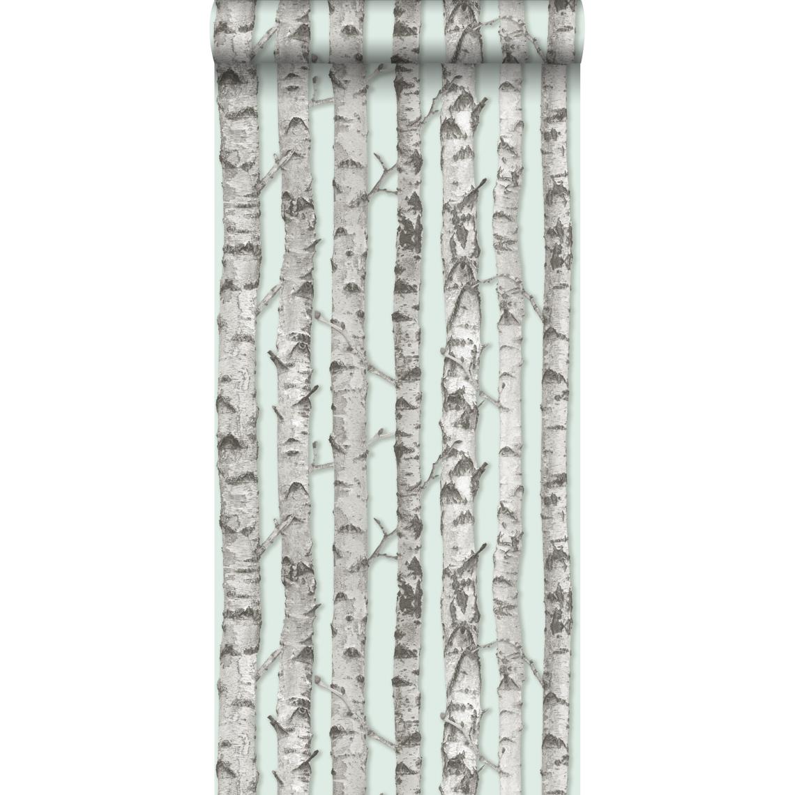 ESTAhome - ESTAhome papier peint troncs de bouleau vert menthe pastel et gris chaud - 138890 - 53 cm x 10,05 m - Papier peint
