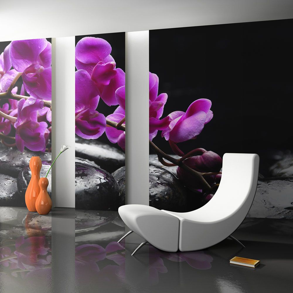Bimago - Papier peint - Moment de détente : orchidée et pierres zen - Décoration, image, art | 450x270 cm | XXl - Grand Format | - Papier peint