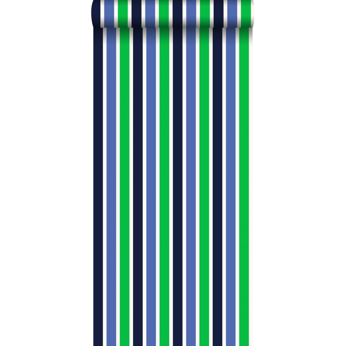 ESTAhome - ESTAhome papier peint à rayures bleu marine et vert - 115819 - 53 cm x 10,05 m - Papier peint