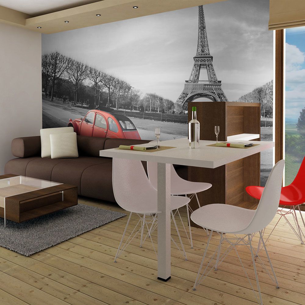 Bimago - Papier peint - Tour Eiffel et voiture rouge - Décoration, image, art | Ville et Architecture | Paris | - Papier peint