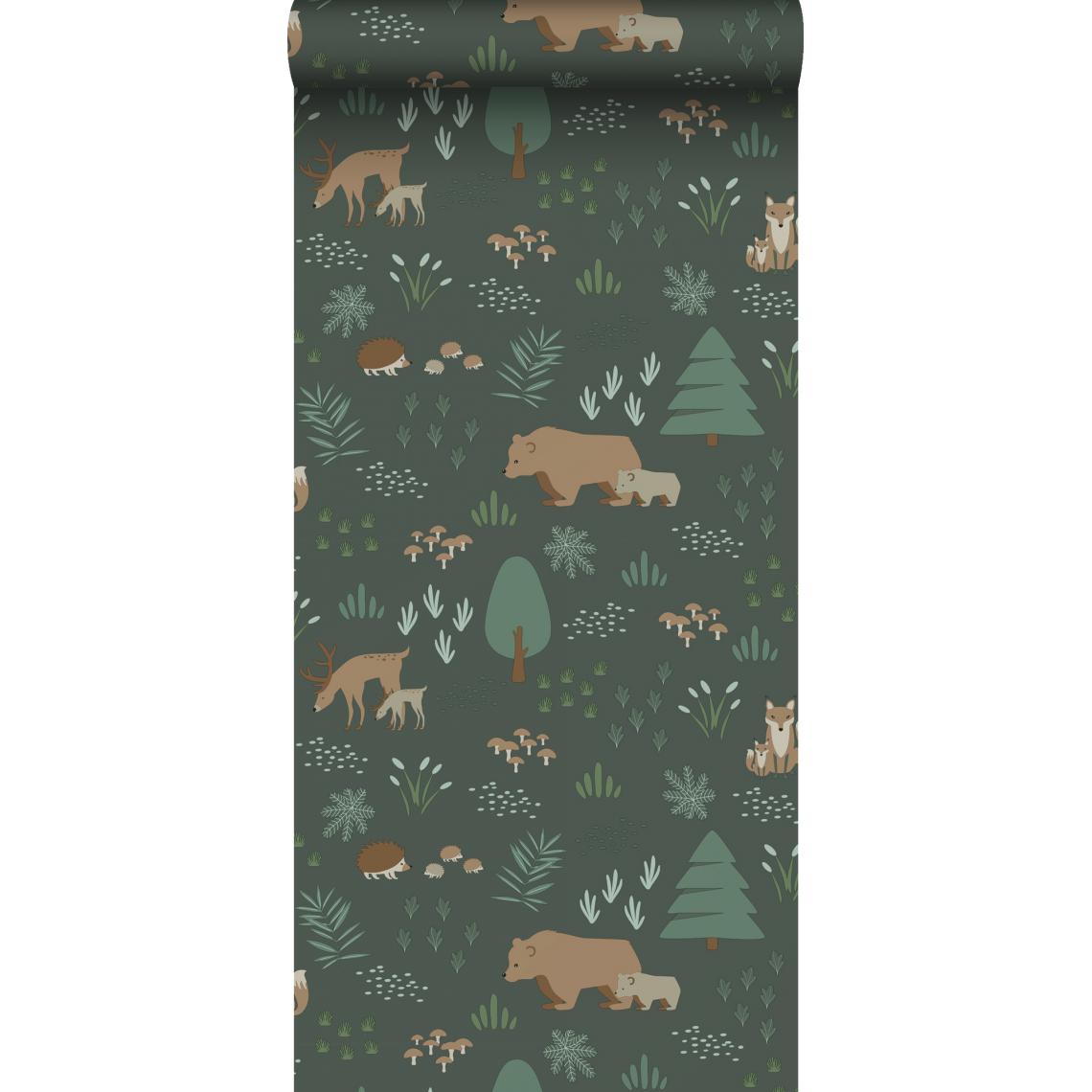 ESTAhome - ESTAhome papier peint forêt avec des animaux de la forêt vert foncé et beige - 139249 - 0.53 x 10.05 m - Papier peint