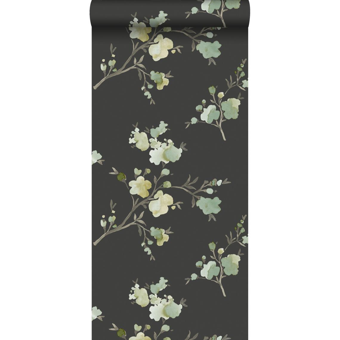 ESTAhome - ESTAhome PP intissé éco texture fleurs de cerisier vert, jaune ocre et noir - 148719 - 0.53 x 10.05 m - Papier peint