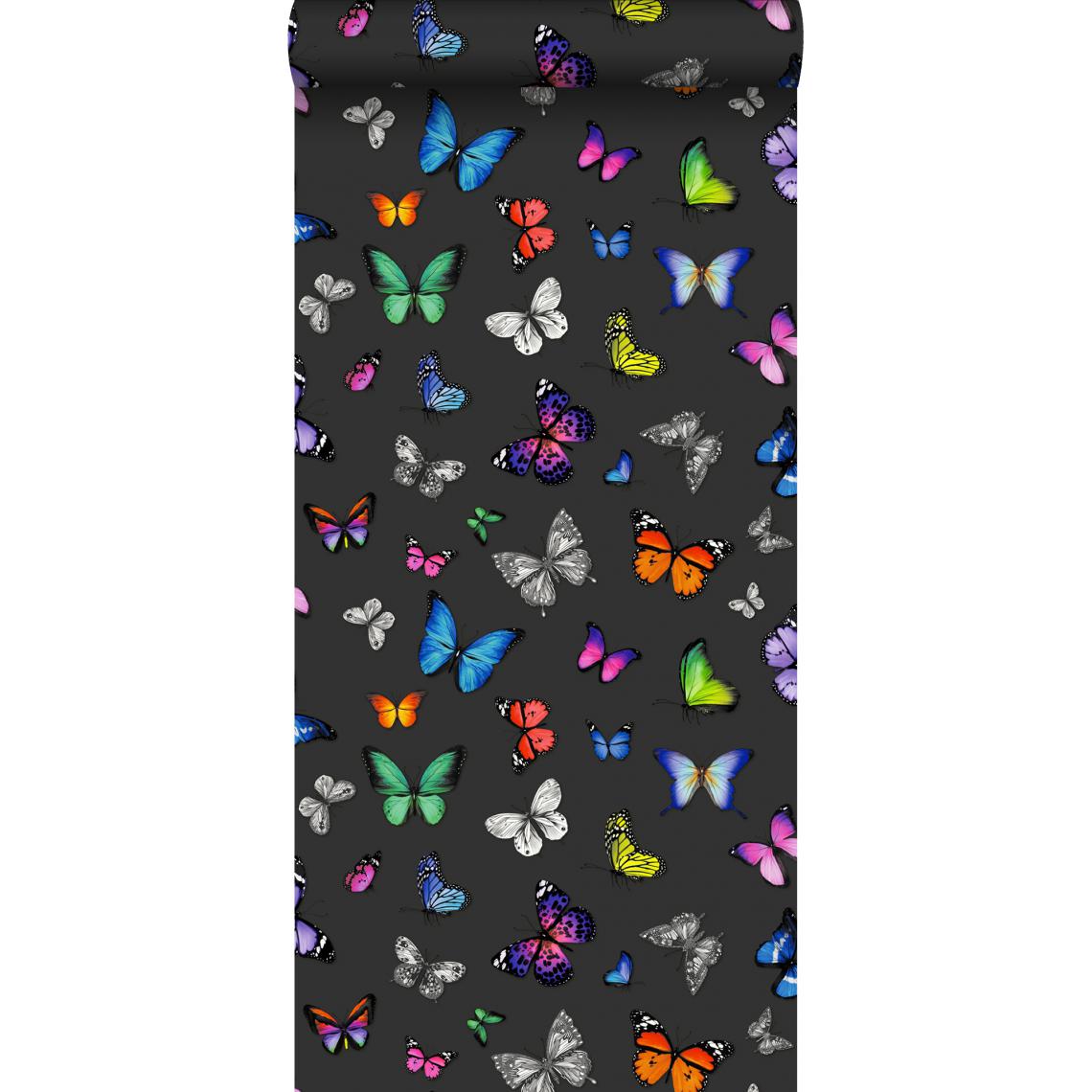 ESTAhome - ESTAhome papier peint papillons multicolore sur noir - 138508 - 53 cm x 10,05 m - Papier peint