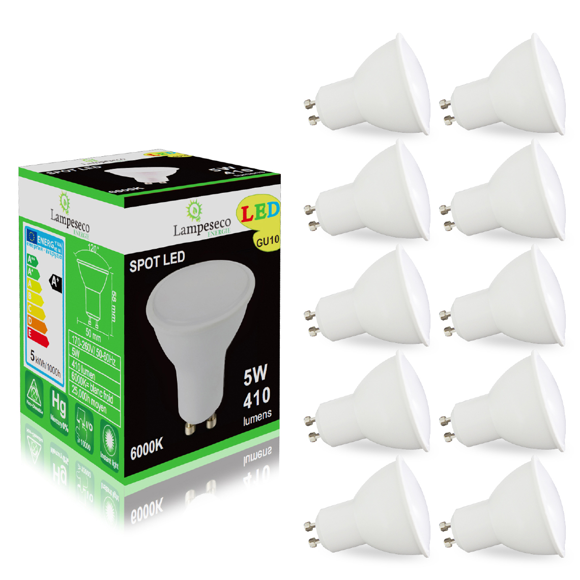 Lampesecoenergie - Pack de 10 Ampoules Led GU10 5W eq. 50W Halogène Blanc Froid 120° - Ampoules LED