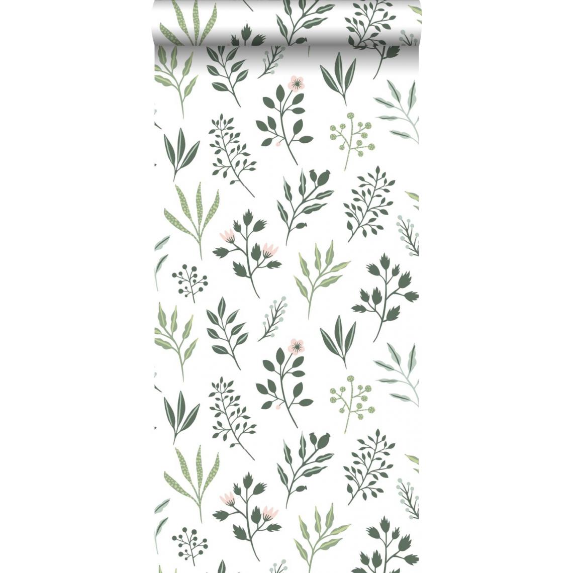 ESTAhome - ESTAhome papier peint fleurs au style scandinave blanc et vert grisé - 139080 - 0.53 x 10.05 m - Papier peint