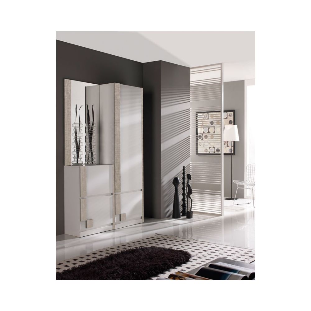 Tousmesmeubles - Meuble d'entrée Blanc/Chêne clair + armoire + miroir - SLIMAN - Vestiaire