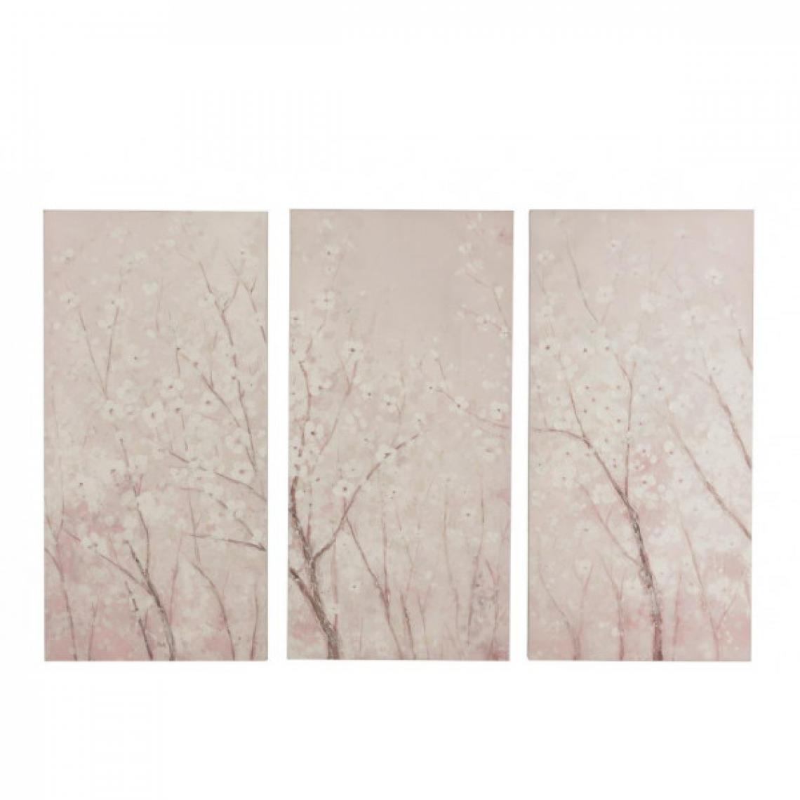 Dansmamaison - Set De 3 Decoration Murale Sakura Canevas/Bois Blanc/Rose - L 50 x l 3 x H 100 cm - Objets déco