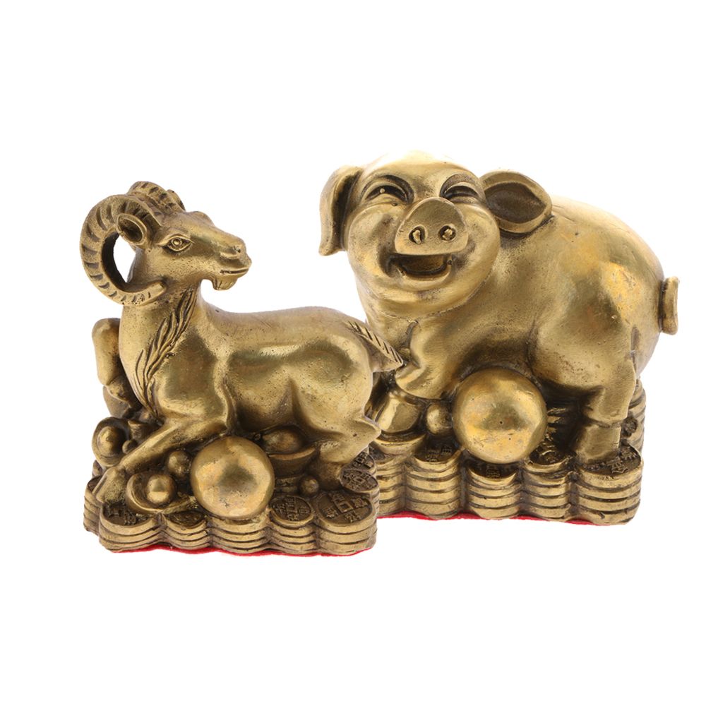 marque generique - 2pcs en laiton pur zodiaque chinois animal figurine statue ornement cochon + chèvre - Statues