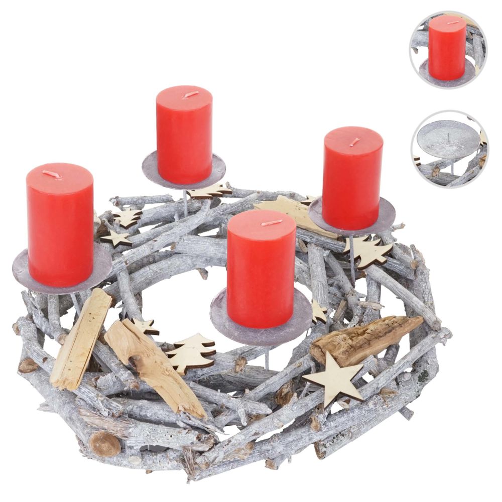 Mendler - Couronne de l'Avent ronde, décoration de Noël, bois, Ø 40cm, gris ~ avec des bougies, rouge - Objets déco