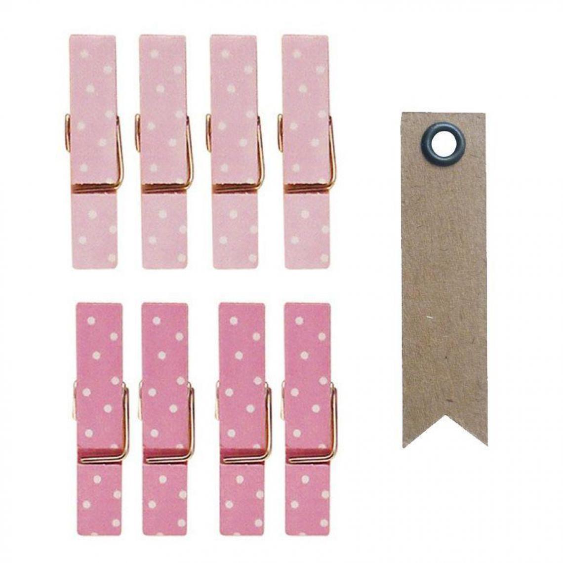Graines Creatives - 8 mini pinces à linge aimantées rose 3,5 cm + 20 étiquettes kraft Fanion - Objets déco