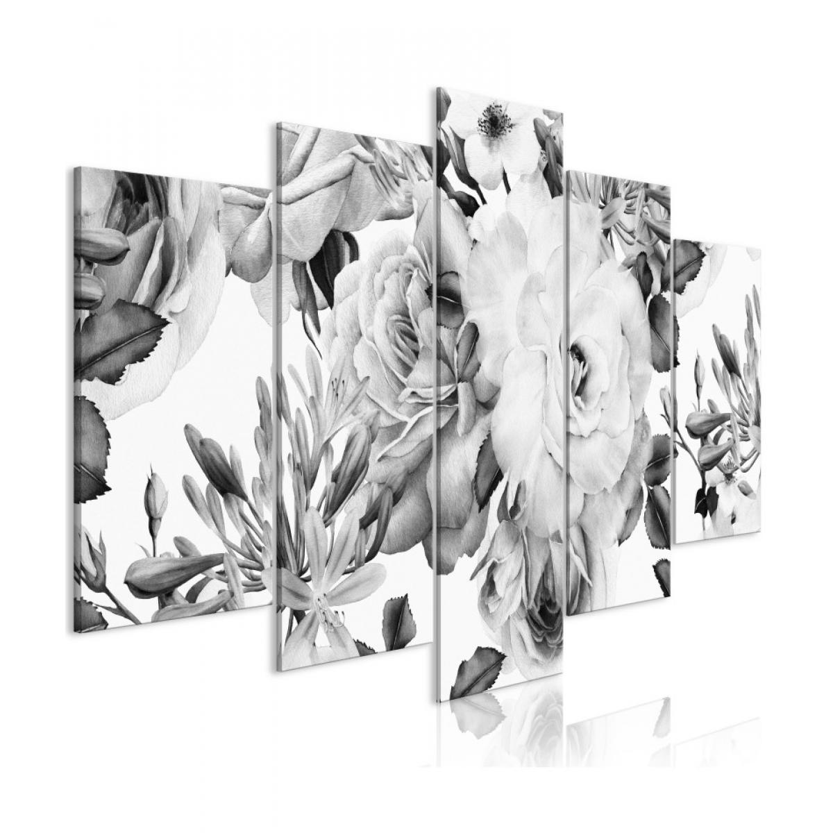 Artgeist - Tableau - Rose Composition (5 Parts) Wide Black and White 100x50 - Tableaux, peintures