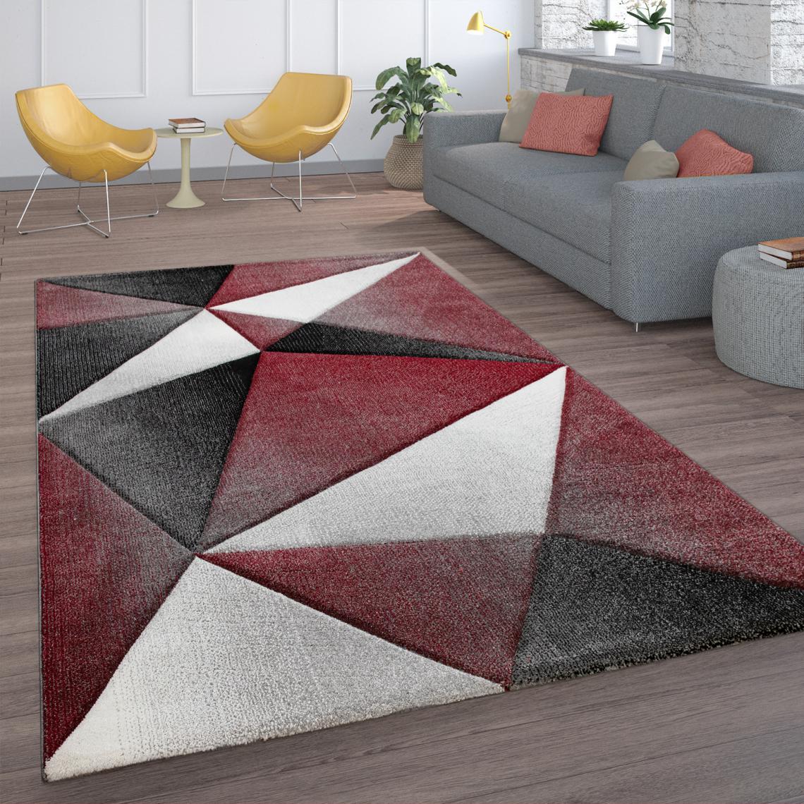 Paco-Home - Tapis De Salon Poils Ras Motif Géométrique Moderne Avec Esthétique 3D Gris Rouge - Tapis