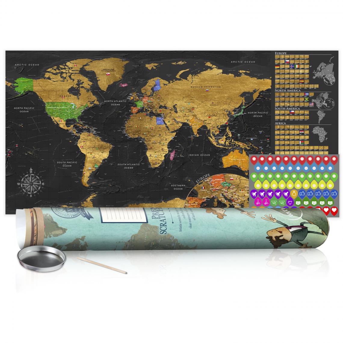 Decoshop26 - Carte du monde à gratter doré avec tube de transport motif humour 100x50 cm CAG110002 - Tableaux, peintures