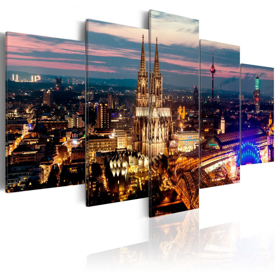 Decoshop26 - Tableau sur toile en 5 panneaux décoration murale image imprimée cadre en bois à suspendre Cologne : Panorama de nuit 200x100 cm 11_0008385 - Tableaux, peintures