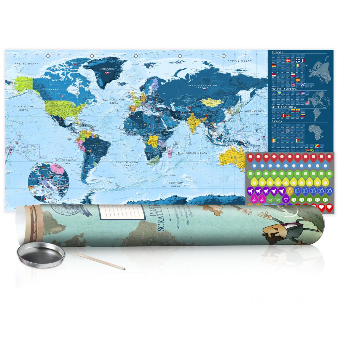 Decoshop26 - Carte du monde à gratter bleu avec tube de transport motif humour 100x50 cm CAG110017 - Tableaux, peintures
