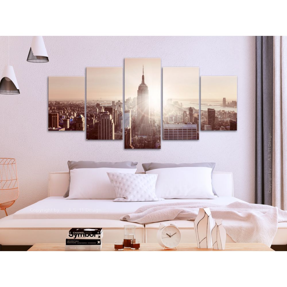 marque generique - 100x50 Tableau New York Villes Moderne Sun over Manhattan (5 Parts) Wide Brown - Tableaux, peintures