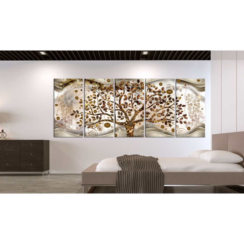 marque generique - 225x90 Tableau Modernes Abstraction Magnifique Tree and Waves (5 Parts) Brown - Tableaux, peintures
