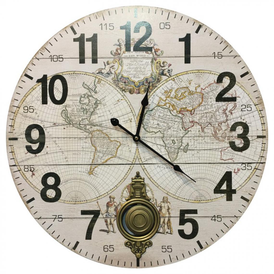 Chemin De Campagne - Horloge Mappemonde Hémisphère Planet à Balancier 58 cm Bois MDF - Horloges, pendules