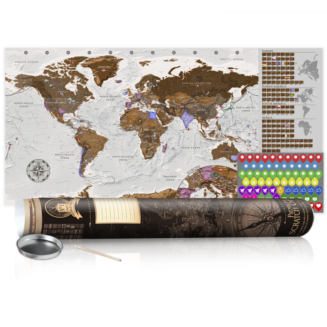 Decoshop26 - Carte du monde à gratter gris avec tube de transport motif marron 100x50 cm CAG110025 - Tableaux, peintures