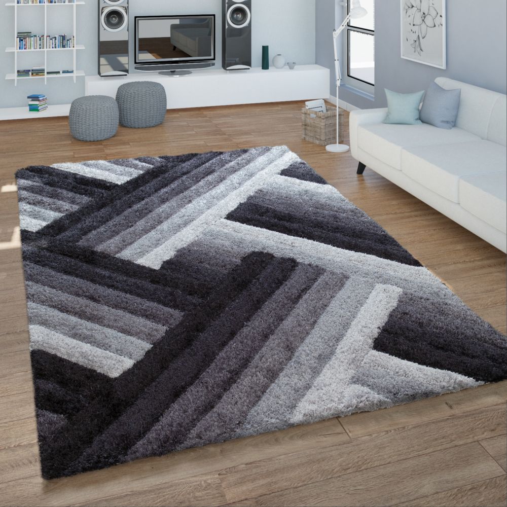 Paco-Home - Tapis Shaggy Hand Tufted Zigzag Design Contour Cut Cuddly Grey White - Tapis