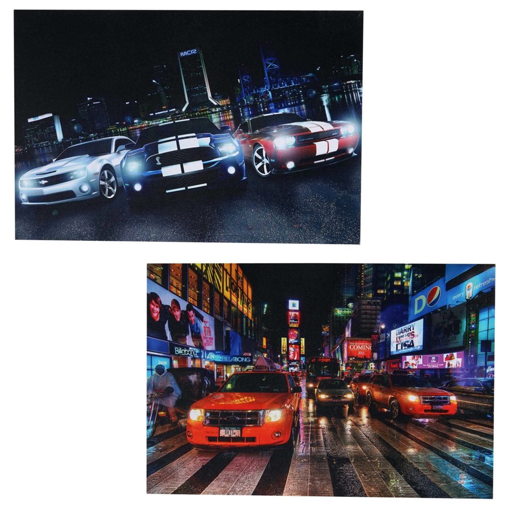 Mendler - 2x toiles de décoration murale LED tableau illuminé avec minuterie ~ 60x40cm ~ voitures - Tableaux, peintures