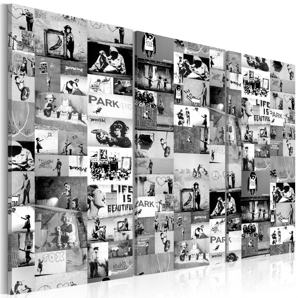 Decoshop26 - Tableau sur toile en 3 panneaux décoration murale image imprimée cadre en bois à suspendre Banksy: Collage Graffiti III 120x80 cm 11_0003497 - Tableaux, peintures