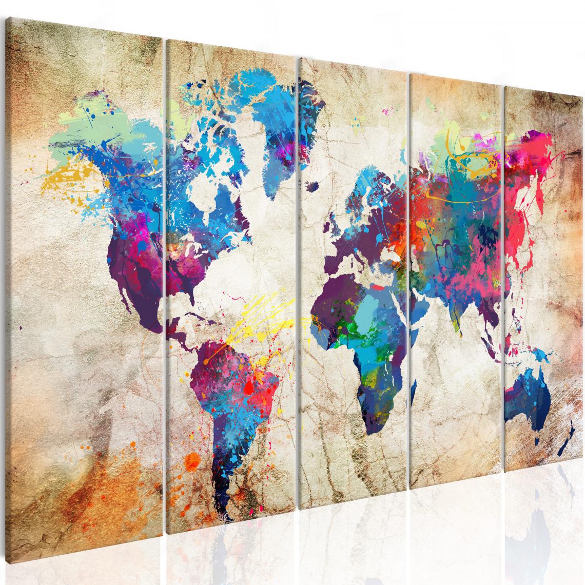Decoshop26 - Tableau sur toile en 5 panneaux décoration murale image imprimée cadre en bois à suspendre Carte du monde : taches d'encre colorées 200x80 cm 11_0004615 - Tableaux, peintures