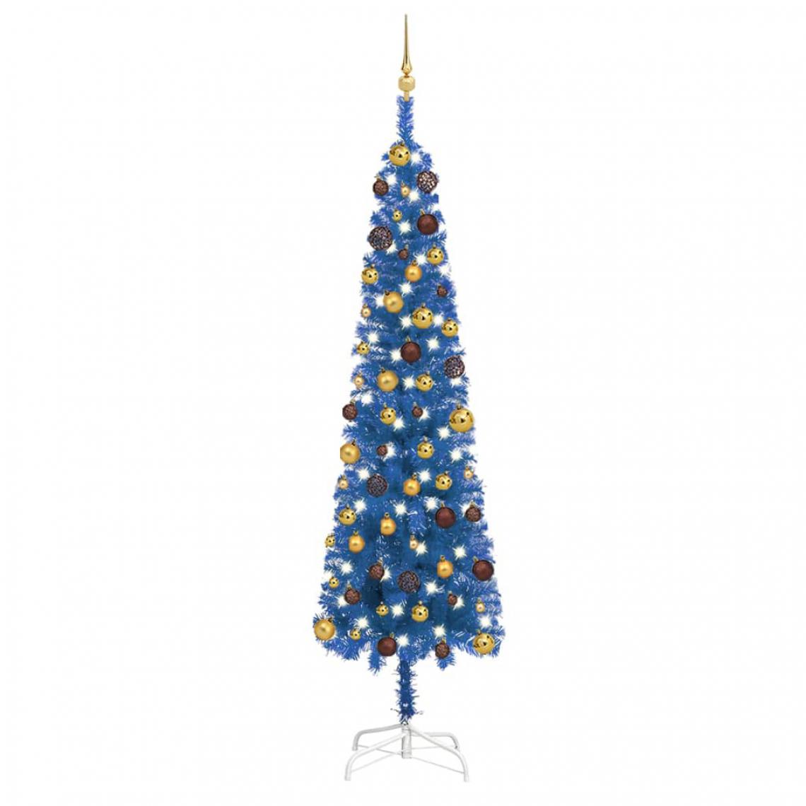 Wottes - Arbre de Noël mince avec LED et boules Bleu 240 cm - Sapin de Noël