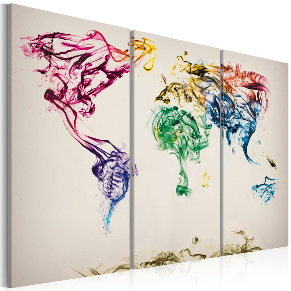 Bimago - Tableau - Carte mondiale en fumée colorée - triptyque - Décoration, image, art | Cartes du monde | - Tableaux, peintures