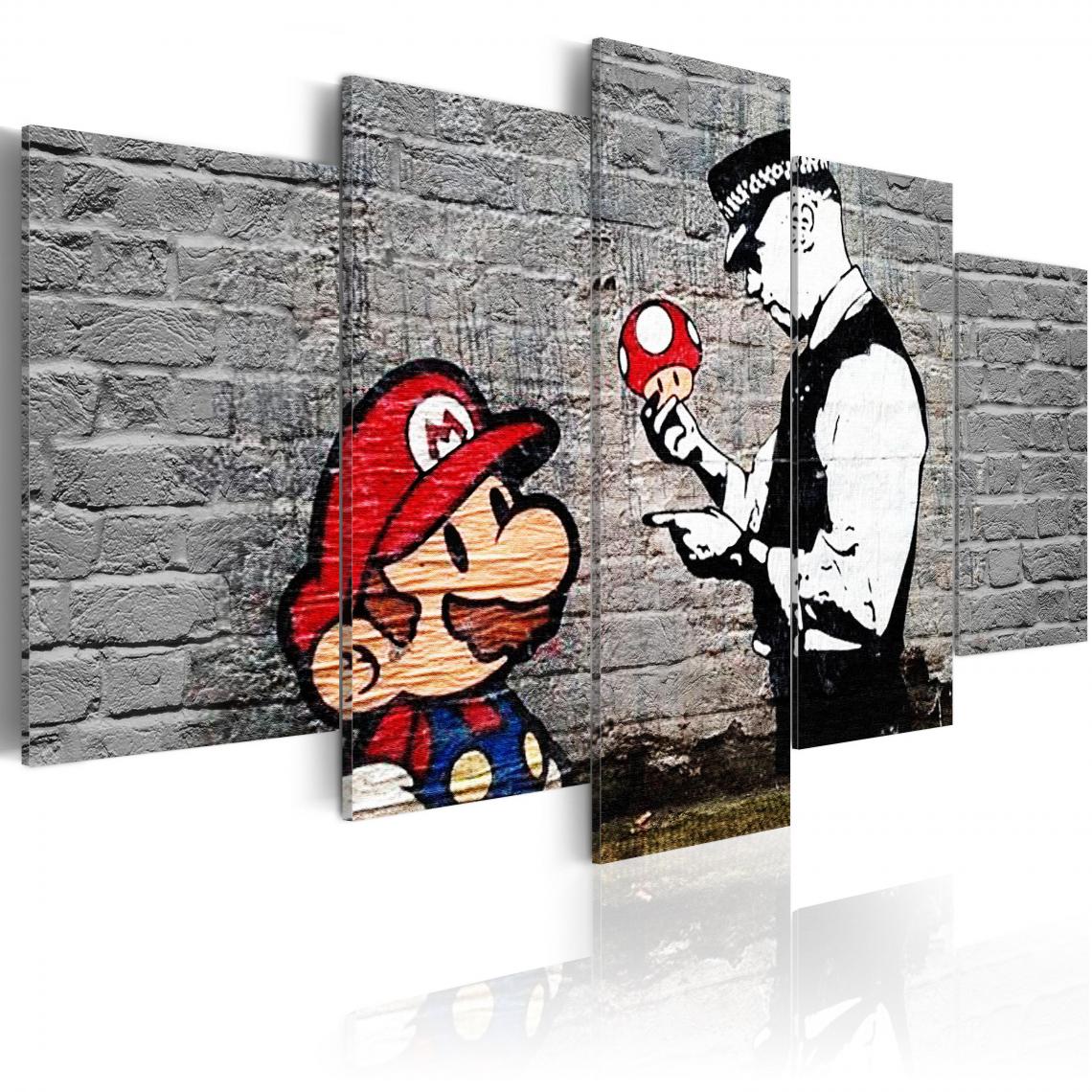 Decoshop26 - Tableau sur toile en 5 panneaux décoration murale image imprimée cadre en bois à suspendre Super Mario Flic aux champignons (Banksy) 100x50 cm 11_0003508 - Tableaux, peintures