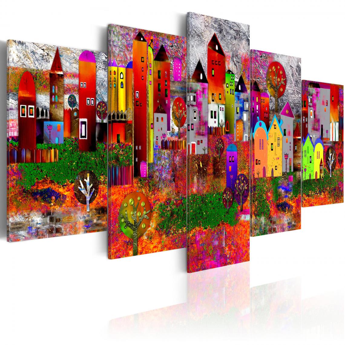 Decoshop26 - Tableau sur toile en 5 panneaux décoration murale image imprimée cadre en bois à suspendre Petite ville colorée 100x50 cm 11_0001800 - Tableaux, peintures