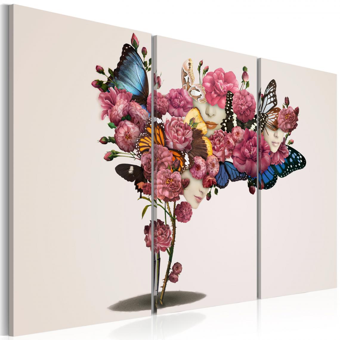 Decoshop26 - Tableau sur toile en 3 panneaux décoration murale image imprimée cadre en bois à suspendre Papillons, fleurs et carnaval 90x60 cm 11_0002099 - Tableaux, peintures