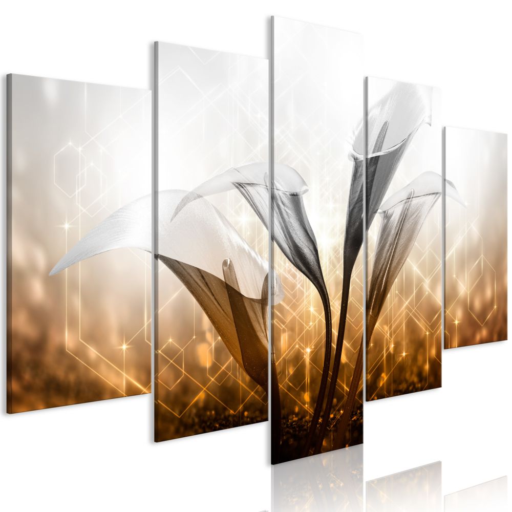 Bimago - Tableau - Floral Quartet (5 Parts) Wide Golden - Décoration, image, art | Abstraction | Fleurs et plantes | - Tableaux, peintures