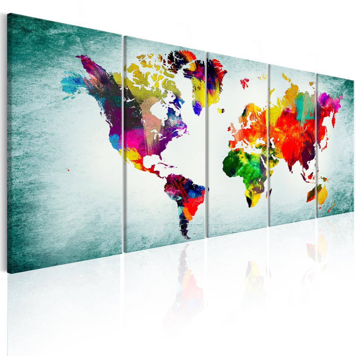 Decoshop26 - Tableau sur toile en 5 panneaux décoration murale image imprimée cadre en bois à suspendre Carte du monde : vignette verte 200x80 cm 11_0004609 - Tableaux, peintures